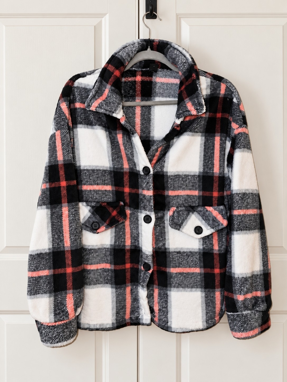 Women’s Plaid Button-Up Shacket Jacket - Black, White & Red